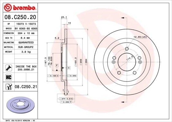 08C25021 диск тормозной задний! D=284мм\ Hyndai i40 08.C250.21 BREMBO