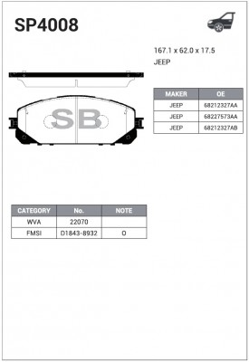 Колодки тормозные дисковые Jeep Cherokee V (KL) all 13 SP4008 SP4008 SANGSIN