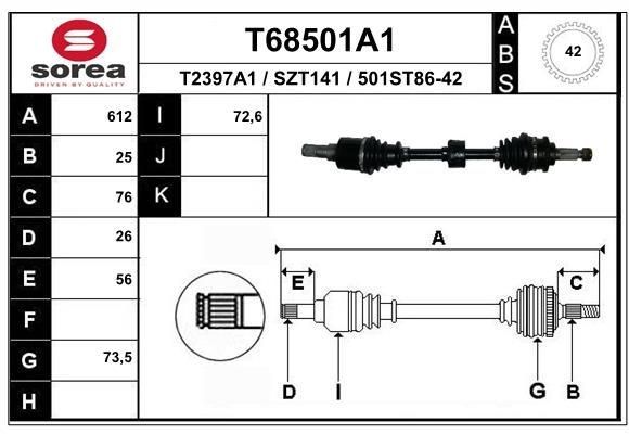 привод левый! 612мм ABS:42th man.\ Suzuki Liana 1.3/1.6 +4WD 01-07 T68501A1 EAI