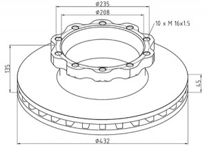 диск тормозной !432/208x45/135 10n-235-M16x1.5 \Omn MAN NG/NL/F2000/TGA 036.122-00A PETERS ENNEPETAL