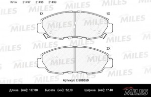 Колодки тормозные передние (Смесь CERAMIC серия PRO) HONDA ACCORD 2.0-2.2 90-93  E500359 MILES