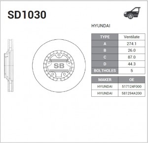 Диск тормозной HYUNDAI Starex H-1 (01-) передний (1шт.) SANGSIN SD1030 SANGSIN