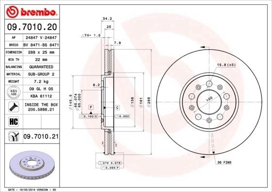 Диск тормозной VW Golf (97-06) AUDI A3 (99-06) передний вентилируемый (1шт.) BRE 09.7010.21 BREMBO