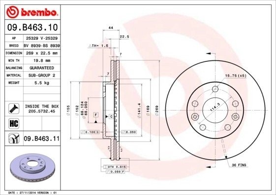 Диск тормозной 09.B463.10 09.B463.10 BREMBO