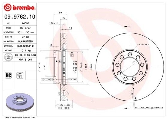 09.9762.10 диск тормозной передний!\ Iveco Daily III 35С18/40С15-18/65C15-18 3.0 09.9762.10 BREMBO