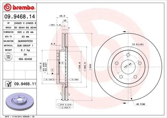 Диск тормозной FORD Focus 2,3,C-Maх,Kuga VOLVO C30,S40 (300х25) передний (1шт.)  09.9468.11 BREMBO