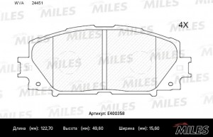 Колодки тормозные передние (без датчика) (Смесь Low-Metallic) TOYOTA PRIUS 1.8 0 E400358 MILES