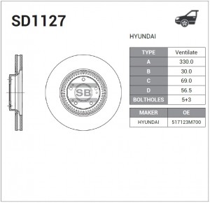 Диск тормозной HYUNDAI Equus (09-) (3.8) передний (1шт.) SANGSIN SD1127 SANGSIN