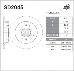 Диск тормозной KIA Picanto (04-) задний (1шт.) SANGSIN SD2045 SANGSIN