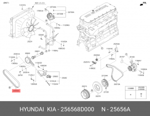 Ремень приводной клиновой HYUNDAI Universe Space Luxury дв.D6CB вентилятора OE 256568D000 HYUNDAI KIA