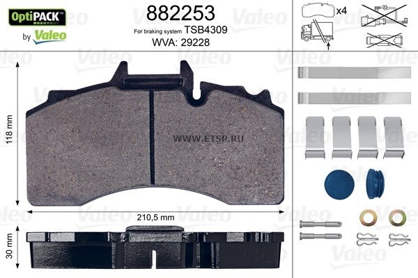 Колодки дискового тормоза TSB4309 BPW A129228 882253 VALEO PHC