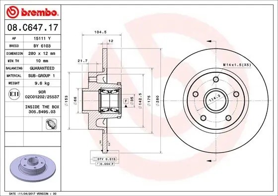 Диск тормозной с подшипником 08.C647.17 08C64717 BREMBO