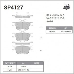 Колодки тормозные дисковые Honda Civic 16 SP4127 SP4127 SANGSIN