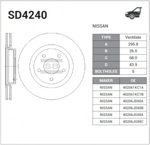 Диск тормозной NISSAN Qashqai (07-),X-Trail (07-) RENAULT Koleos (08-) передний  SD4240 SANGSIN