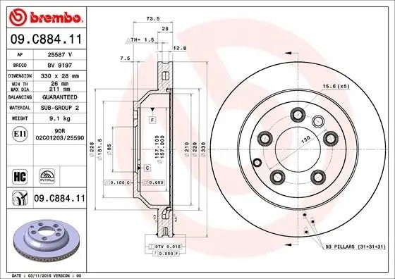Диск тормозной 09.C884.11 09.C884.11 BREMBO