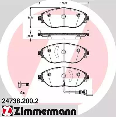 колодки дисковые !перед. 175x70x20 \ Seat Alhambra, VW Sharan 1.4/2.0TSi/2.0TDi  24738.200.2 ZIMMERMANN