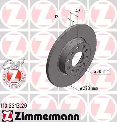 диск тормозной задн.! 278x12\ Alfa Romeo 159 1.8-2.2 05-11, Fiat 500X 1.0-2.0 14 110.2213.20 ZIMMERMANN