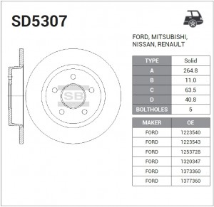 Диск тормозной задний NISSAN QASHQAI II, X-TRAIL (T30/31), MITSUBISHI PAJERO 07- SD5307 SANGSIN