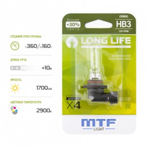 Лампа 12V HB3 65W P20d +30% блистер (1шт.) Long Life MTF HLL12B3B MTF