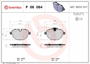Колодки тормозные BMW 5 (F10),X3 (F25) задние (4шт.) BREMBO P06064 BREMBO