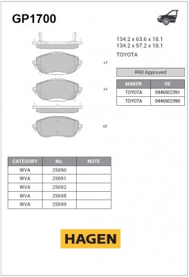 Колодки тормозные TOYOTA Corolla (13-) передние (4шт.) HAGEN SANGSIN GP1700 SANGSIN