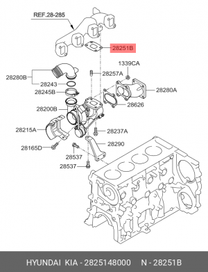 Прокладка HYUNDAI HD65,78,БОГДАН дв.D4GA турбокомпрессора входная OE 2825148000 HYUNDAI KIA