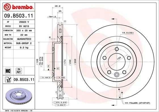 Диск тормозной LAND ROVER RANGE ROVER SPORT (L494) 04/13  задн. 09.B503.11 09.B503.11 BREMBO
