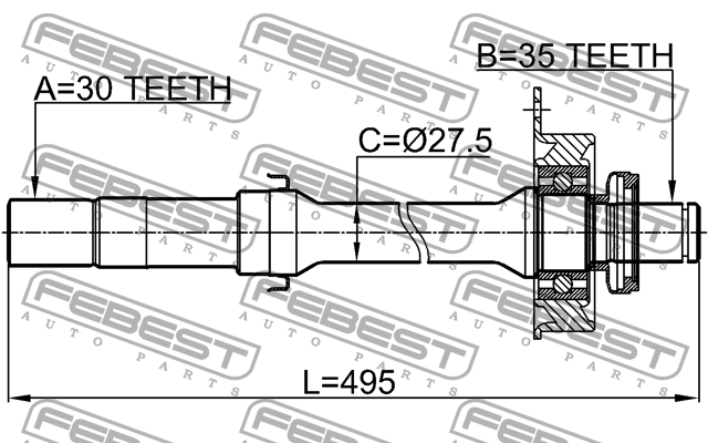 полуось правая! 30x494x35\ Ford, Mazda 0512-TRIBRH FEBEST