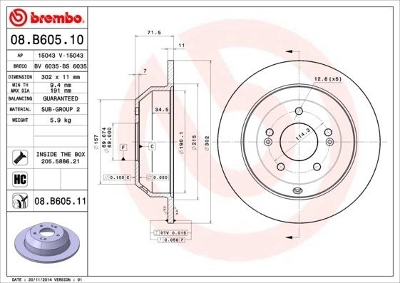 08.B605.10 диск тормозной задний!\ Kia Sorento, Hyundai SantaFe 2.4/2.0CRDi-2.2C 08.B605.10 BREMBO