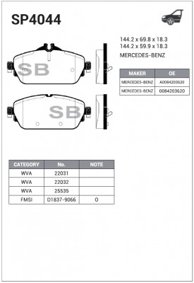 Колодки тормозные MERCEDES C (W205) передние (4шт.) SANGSIN SP4044 SANGSIN