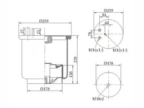 Пневморессора Premium со стаканом (металл)  1 шп.+2 штуц. 1 отв. MAN TGA (4882N1 090030027 SONDER
