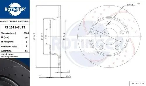 Диск тормозной графитовый с перфорацией и насечками RT1511GLT5 RT 1511-GL T5 ROTINGER