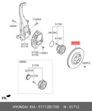 Диск тормозной HYUNDAI Genesis (14-) (R19) передний (1шт.) OE 51712B1700 HYUNDAI KIA