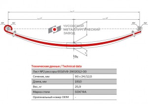 Лист рессоры МАЗ-6516,6430С передней №2 с витым ушком L=1910мм ЧМЗ 6516V8290210200 OMK AUTO
