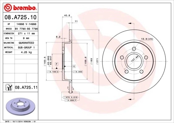 08.A725.10 диск тормозной задний!\ Ford Focus III 1.6-2.0 11> 08A72510 BREMBO