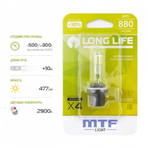 Лампа 12V H27(880) 27W +30% блистер (1шт.) Long Life MTF HLL1280B MTF