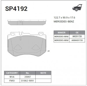 Колодки тормозные MERCEDES C (W205) передние (4шт.) SANGSIN SP4192 SANGSIN