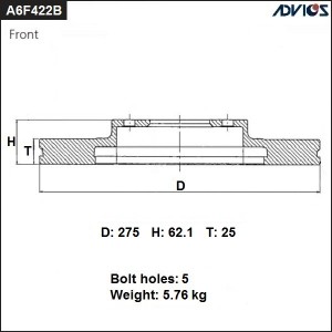 Диск тормозной передний A6F422B A6F422B ADVICS