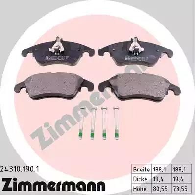 колодки дисковые !перед. 188x81x19 \ MB W204 3.2/3.5 07> 24310.190.1 ZIMMERMANN