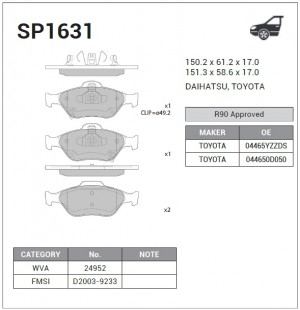 Колодки тормозные дисковые Toyota Yaris 1.0/1.3 06 SP1631 SP1631 SANGSIN
