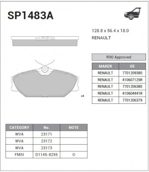 Колодки тормозные передние Renault Laguna 1.9DCi/Megane 1.8i/1.9DCi 99-02 SP1483 SP1483A SANGSIN