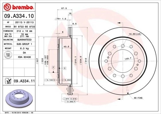 Диск тормозной TOYOTA LAND CRUISER 90/120 09.A334.11 09A33411 BREMBO