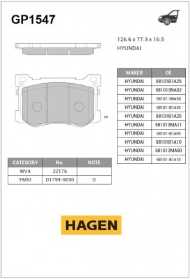 колодки дисковые передние! HAGEN\ Hyundai Equus 3.8 11> GP1547 HAGEN