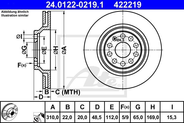 24.0122-0219.1 диск тормозной задний!\ Audi A3/S3 3.2 03>, VW EOS 1.4-3.2 06> 24.0122-0219.1 ATE