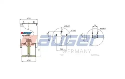 пневмопод.со стак. !941MB h523 2шп.M12смещ.25. 1отв.штуц.M22.Поршень металлBPW AU 34941-K AUGER