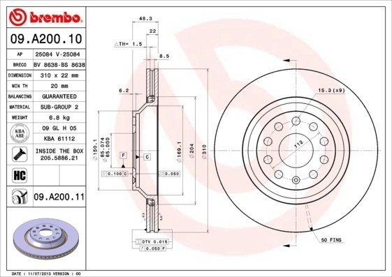 Диск тормозной Brembo Painted Disc 09.A200.11 09.A200.11 BREMBO