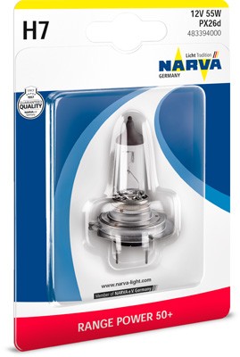 Лампа 12V H7 55W PX26d +50% блистер (1шт.) Range Power 50+ NARVA 483394000 NARVA