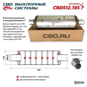 Резонатор универсальный d=50,L=450мм (внешн. d=110мм) секционный 9-камерный нерж CBD512.105 CBD
