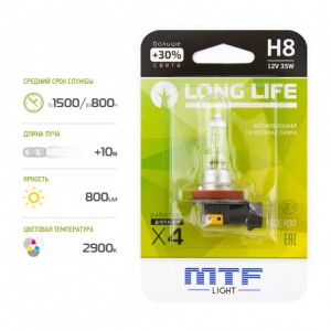 Лампа 12V H8 35W PGJ19-1 +30% блистер (1шт.) Long Life MTF HLL1208B MTF