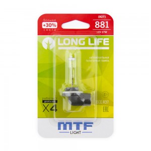 Лампа 12V H27(881) 27W +30% блистер (1шт.) Long Life MTF HLL1281B MTF